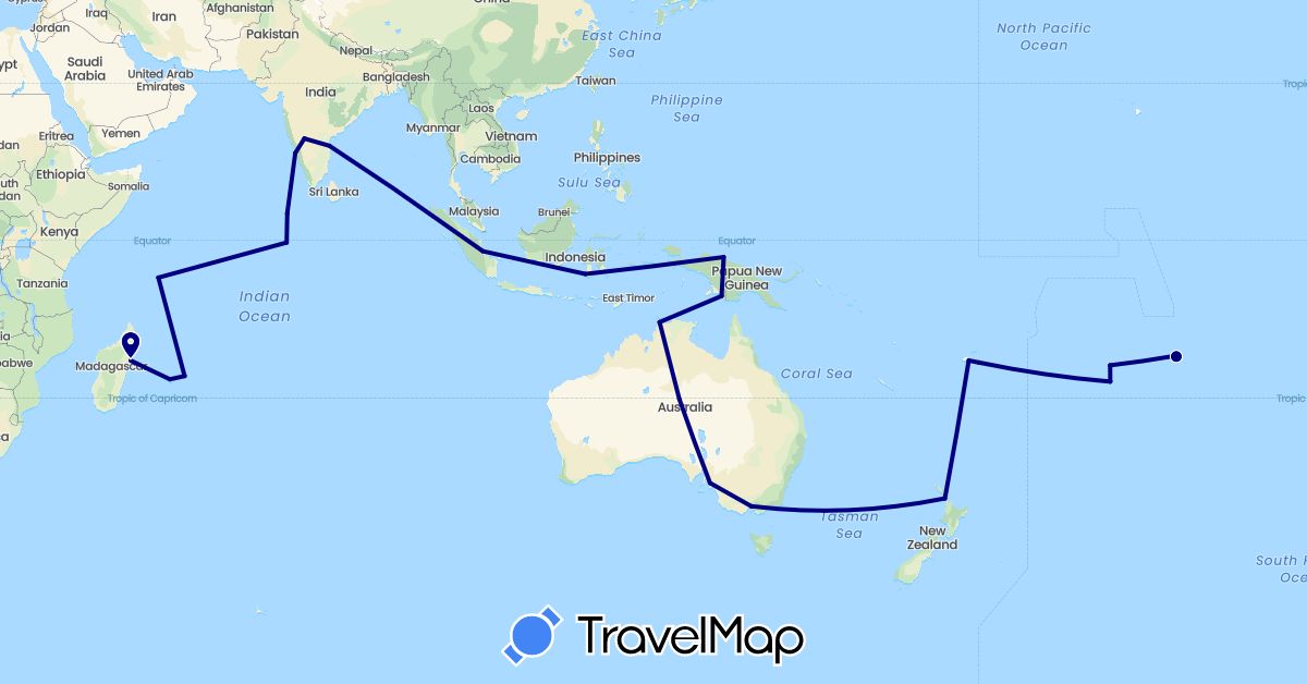 TravelMap itinerary: driving in Australia, Cook Islands, Fiji, France, Indonesia, India, Madagascar, Mauritius, Maldives, New Zealand, Seychelles (Africa, Asia, Europe, Oceania)