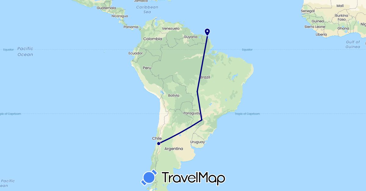 TravelMap itinerary: driving in Brazil, Chile, France (Europe, South America)